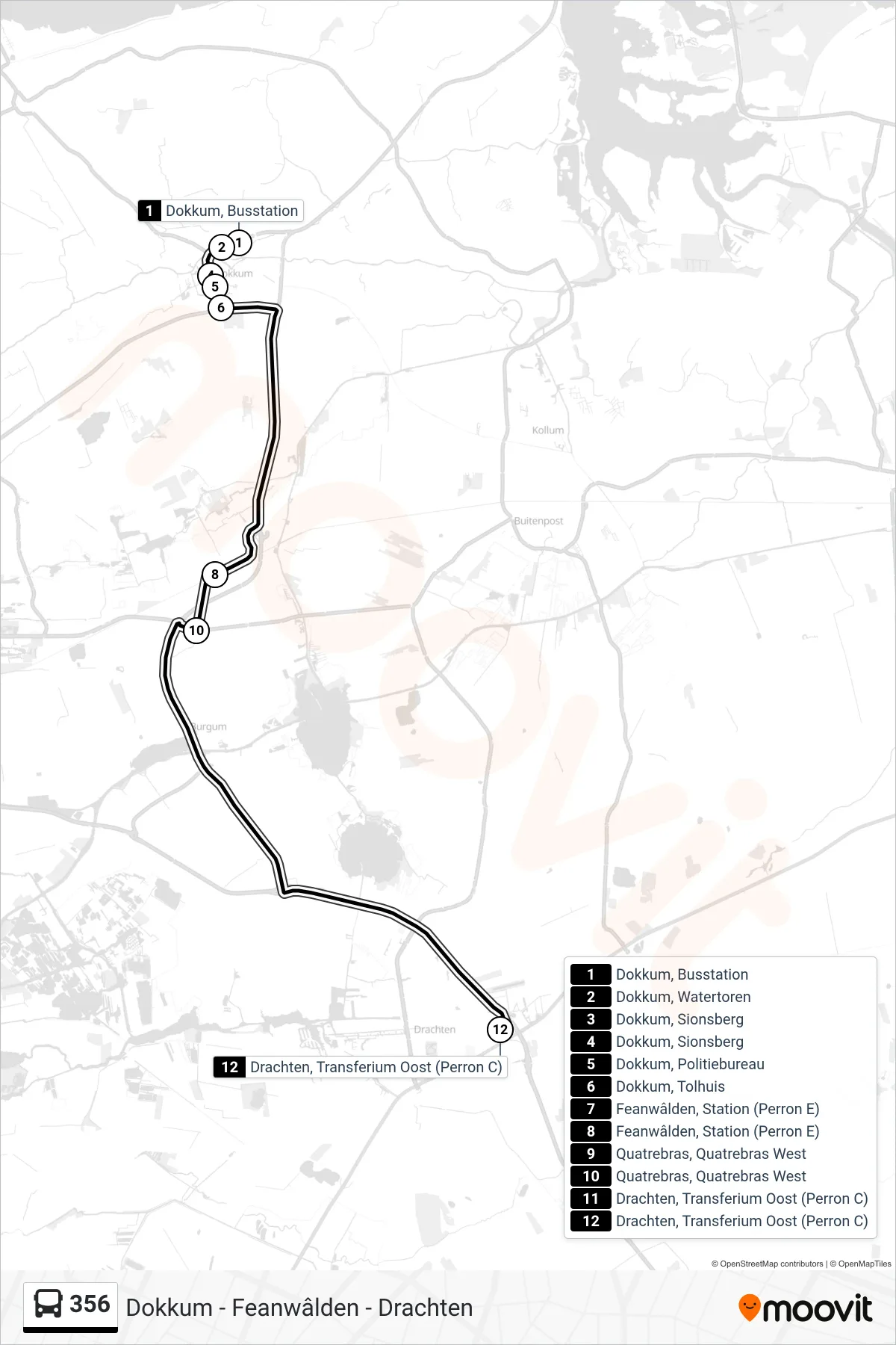 Lijn 356 (bus, Drachten): route en haltes op de kaart