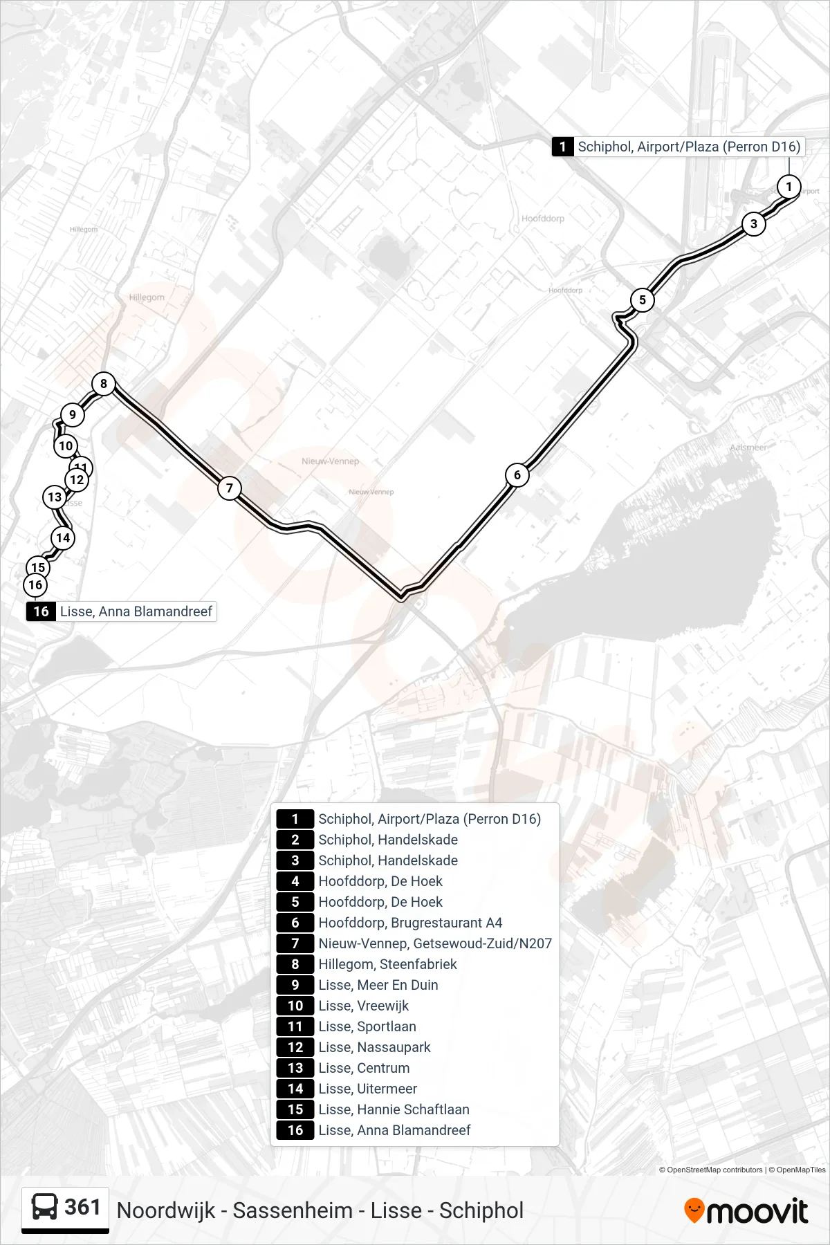 Lijn 361 (bus, Lisse): route en haltes op de kaart