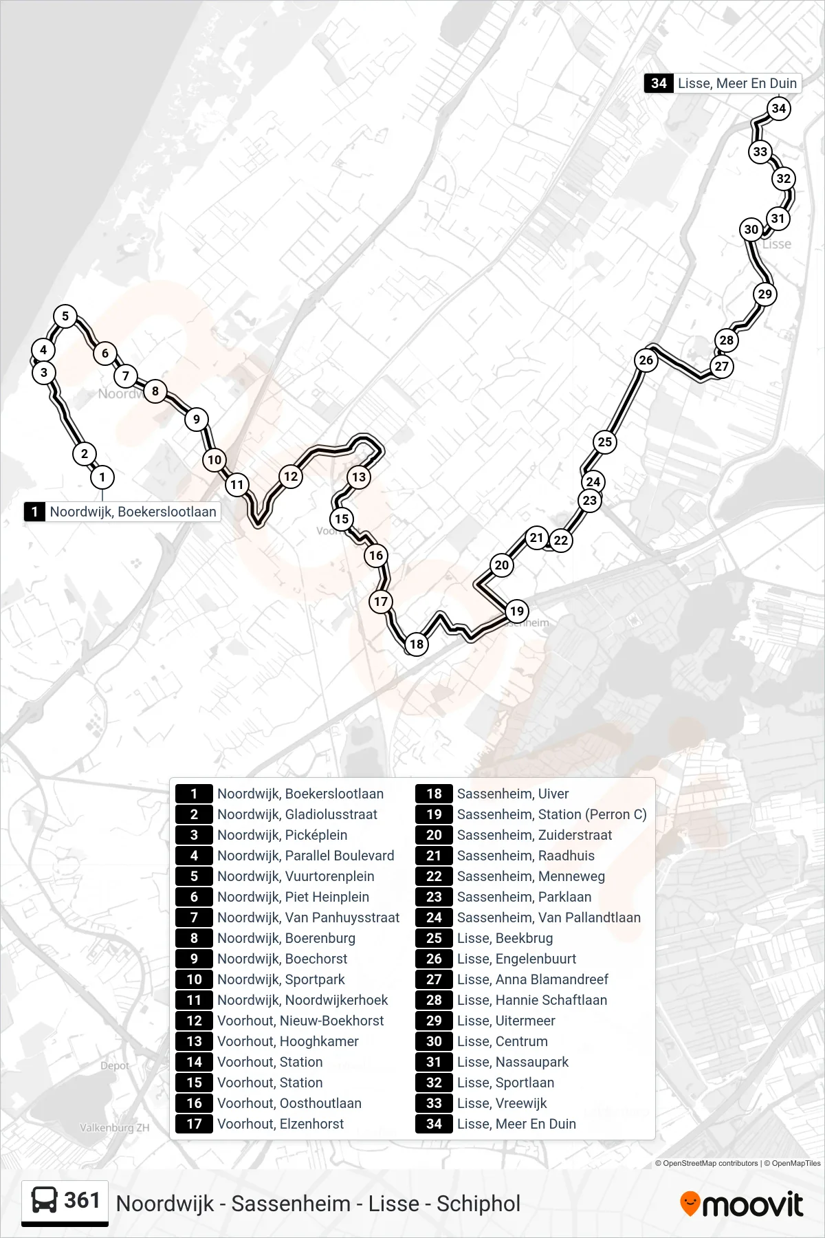 Lijn 361 (bus, Lisse): route en haltes op de kaart