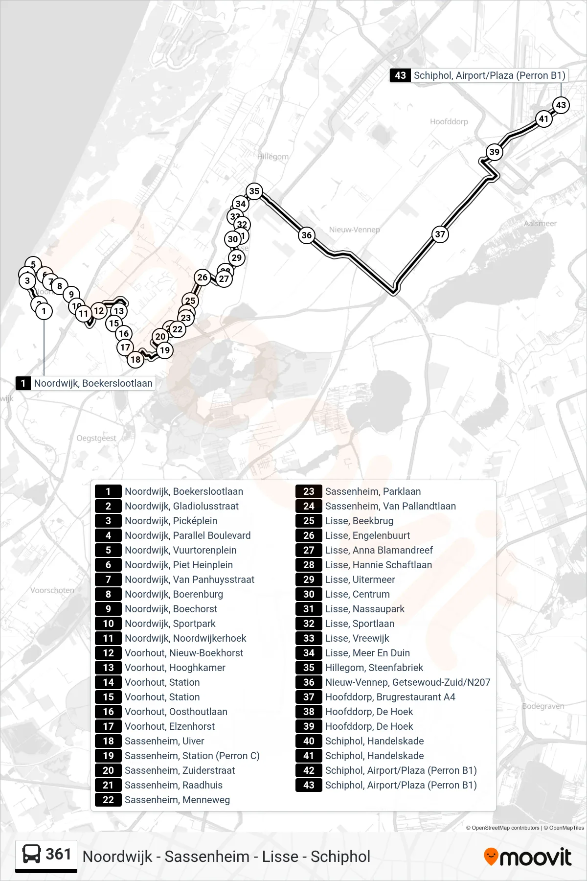 361 bus Line (Schiphol Airport) route and stops on a map