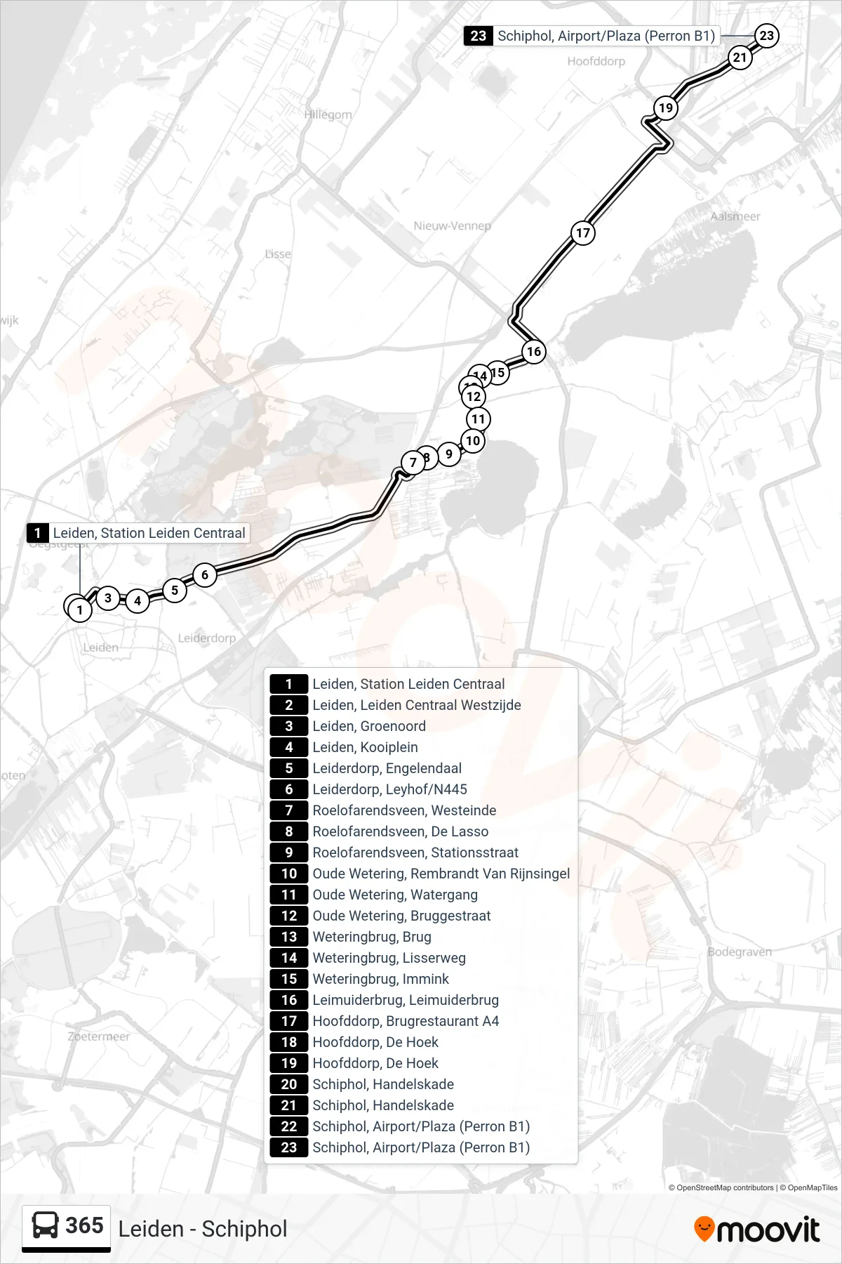 Lijn 365 (bus, Schiphol Airport): route en haltes op de kaart