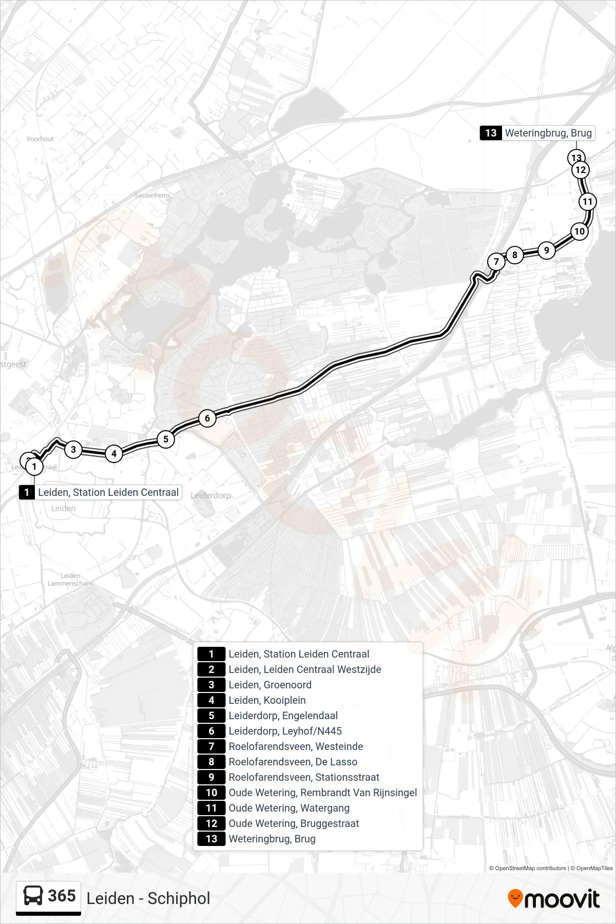 Lijn 365 (bus, Weteringbrug): route en haltes op de kaart
