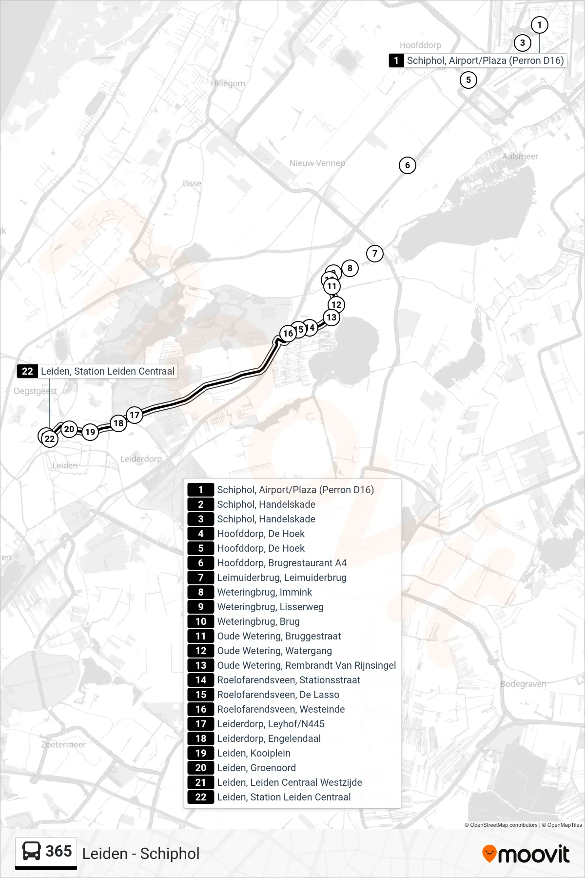 Lijn 365 (bus, Leiden Cs): route en haltes op de kaart