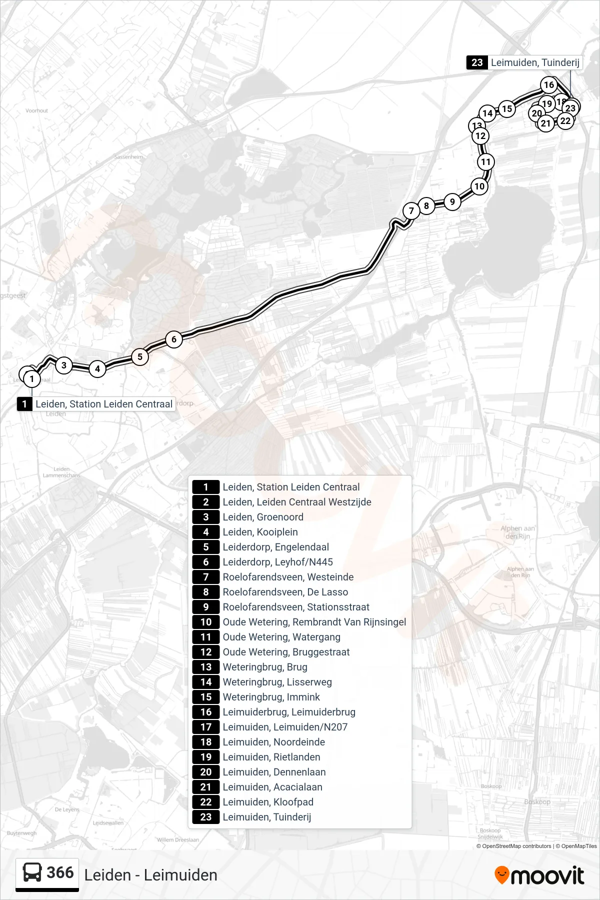 366 bus Line (Leimuiden) route and stops on a map