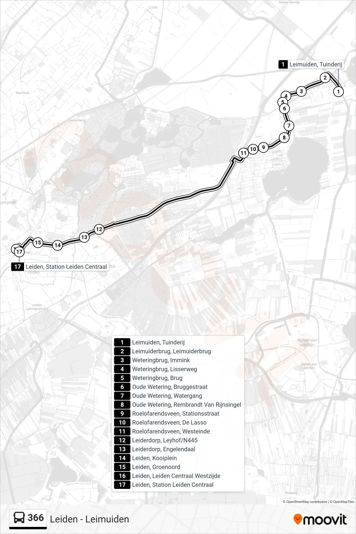 Lijn 366 (bus, Leiden Cs): route en haltes op de kaart