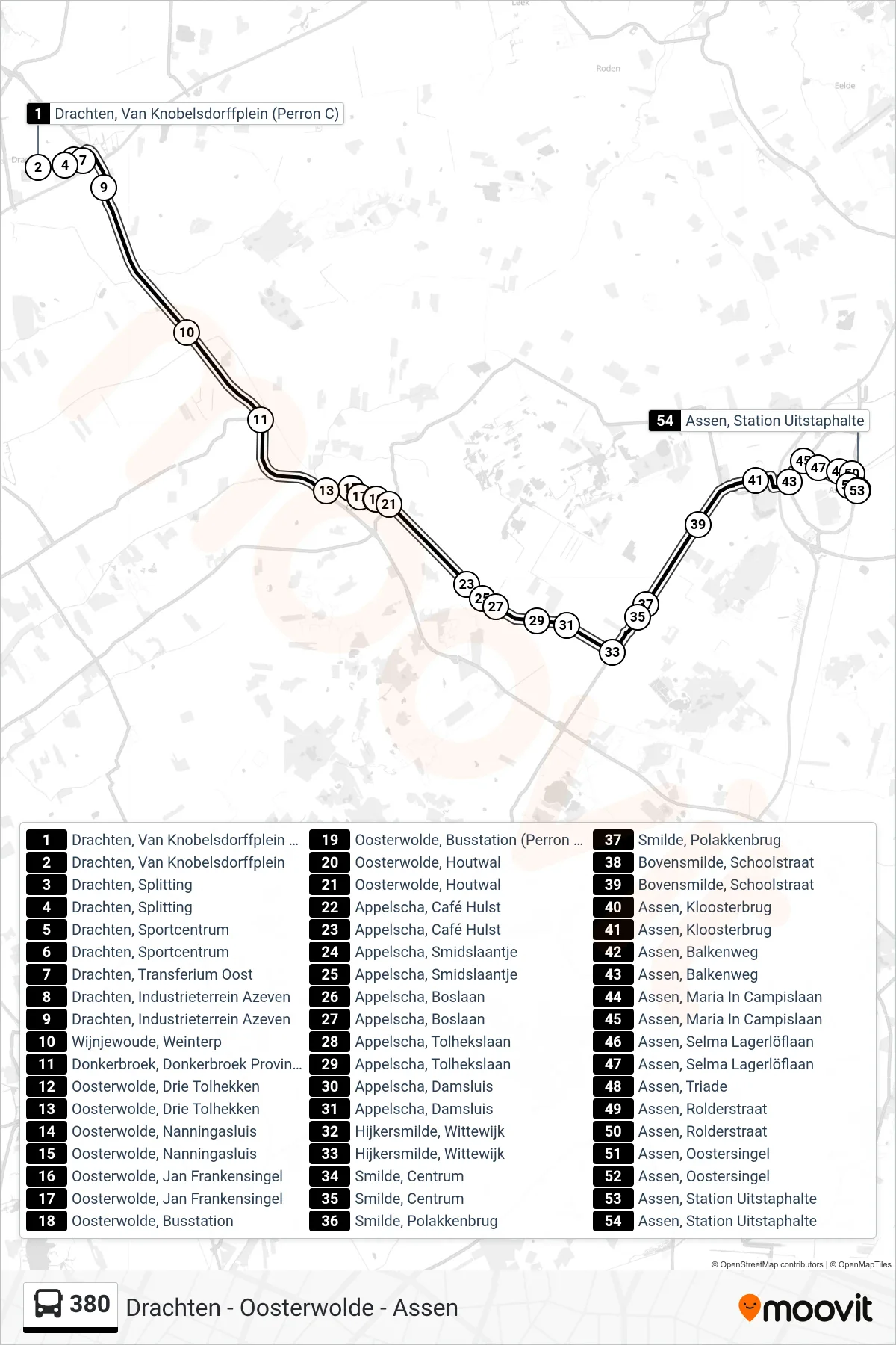 Lijn 380 (bus, Assen): route en haltes op de kaart