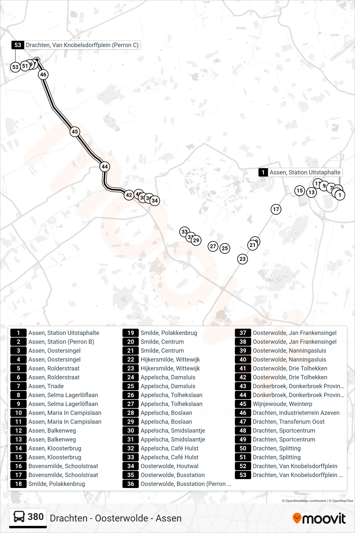 Lijn 380 (bus, Drachten): route en haltes op de kaart
