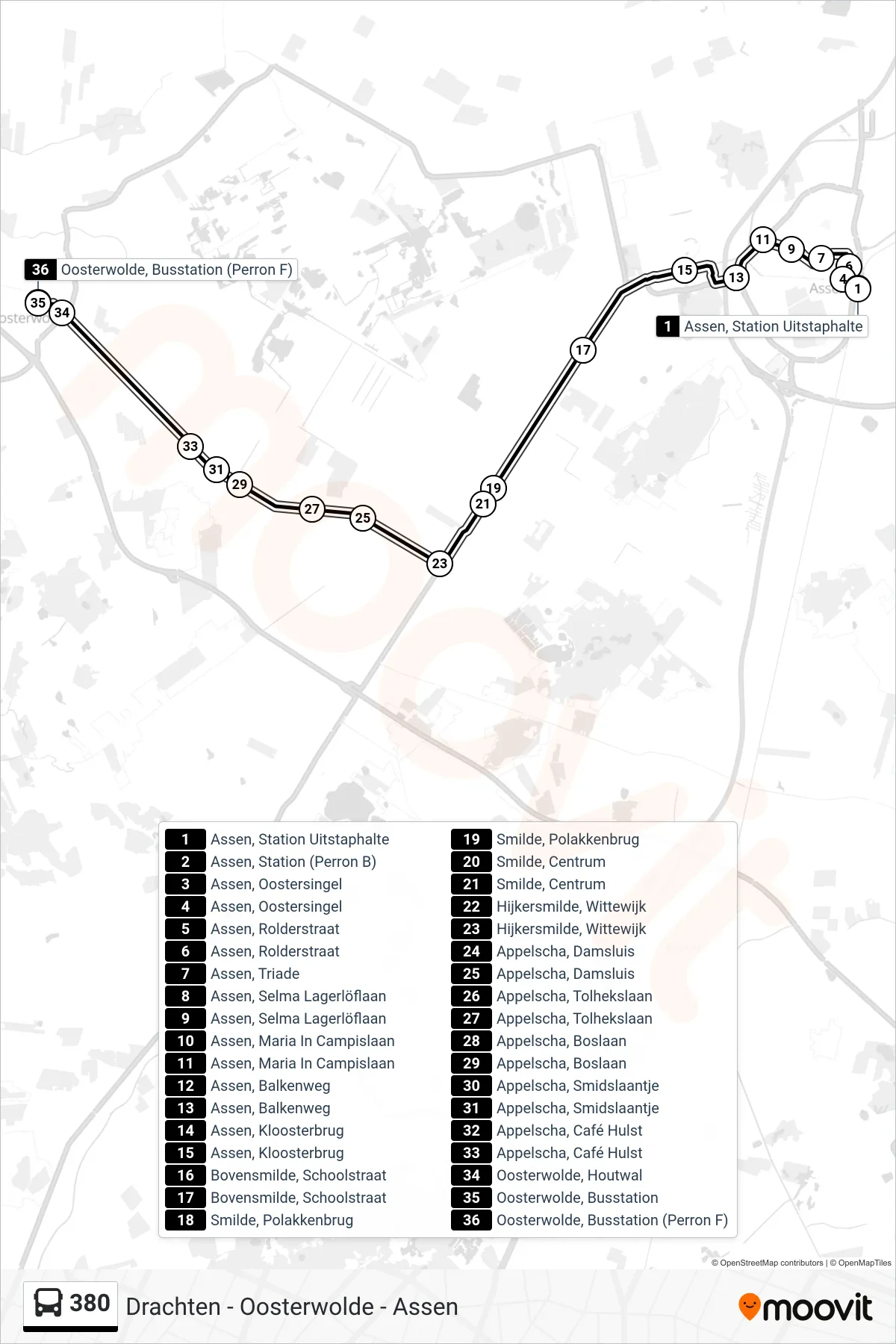 380 bus Line (Oosterwolde) route and stops on a map