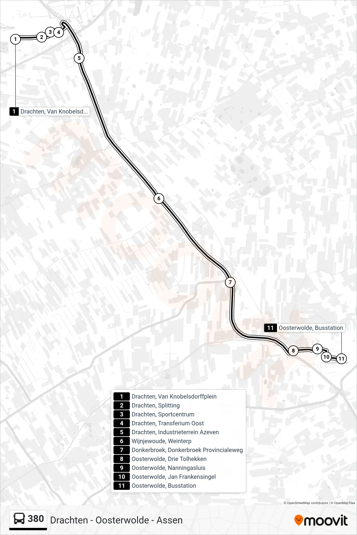 Lijn 380 (bus, Oosterwolde): route en haltes op de kaart
