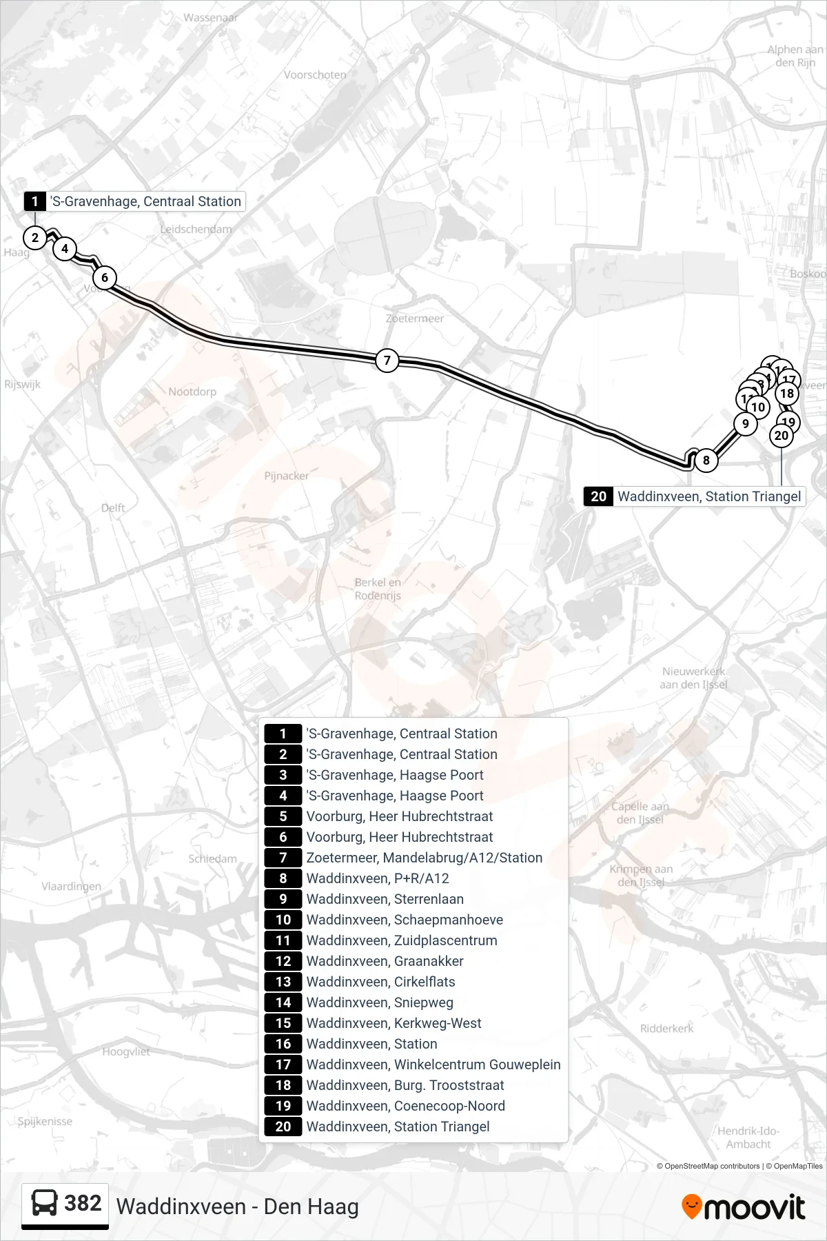 Lijn 382 (bus, Waddinxveen): route en haltes op de kaart