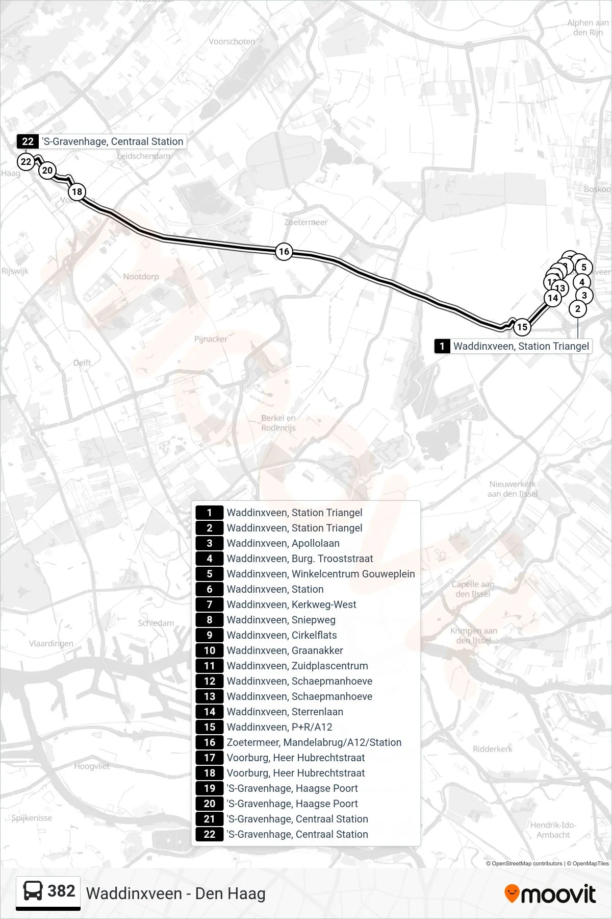 Lijn 382 (bus, Den Haag Cs): route en haltes op de kaart