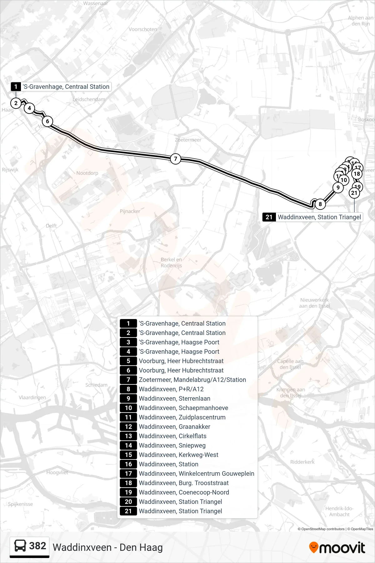 Lijn 382 (bus, Gouda): route en haltes op de kaart