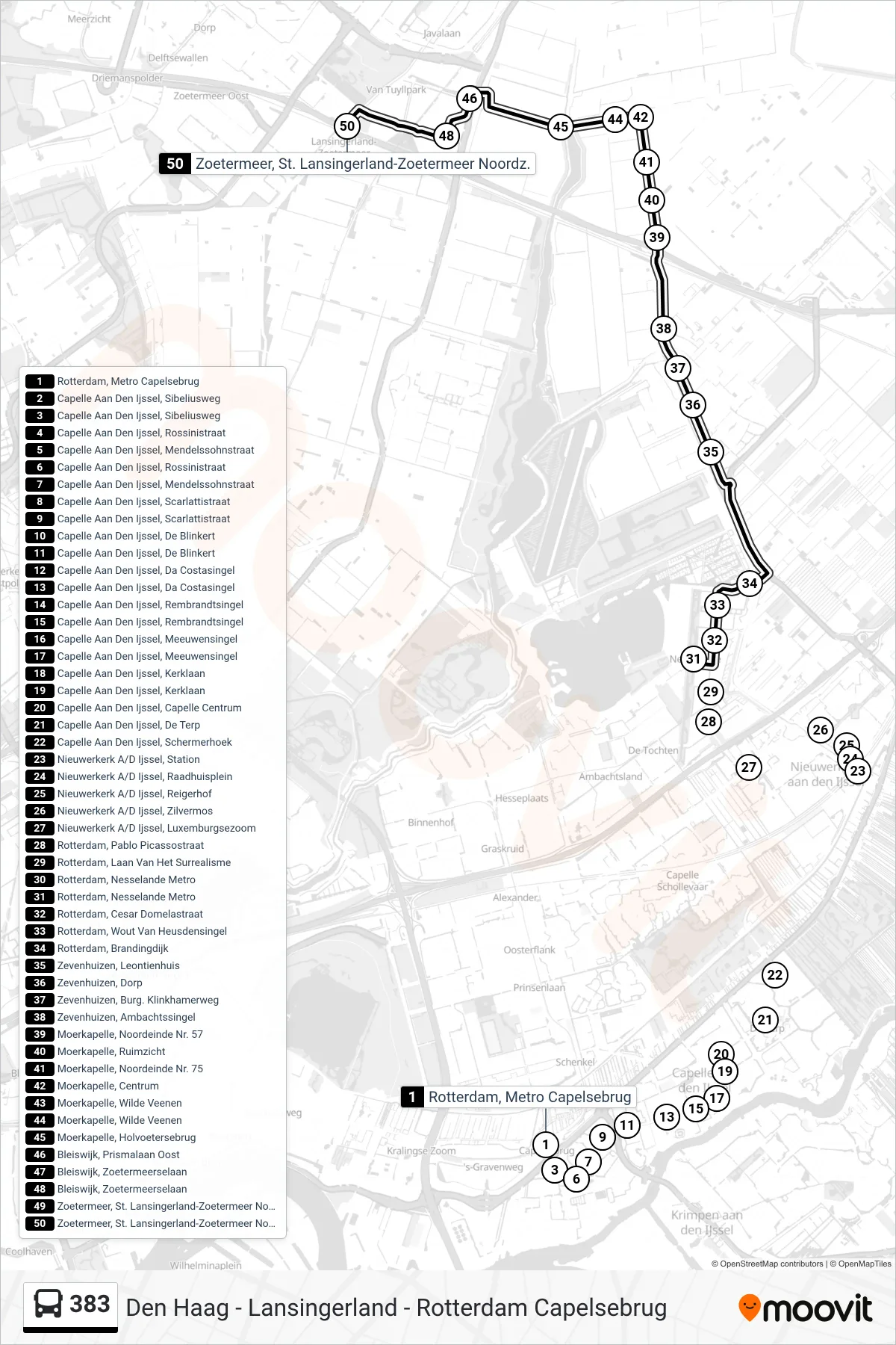 383 bus Line (Zoetermeer) route and stops on a map
