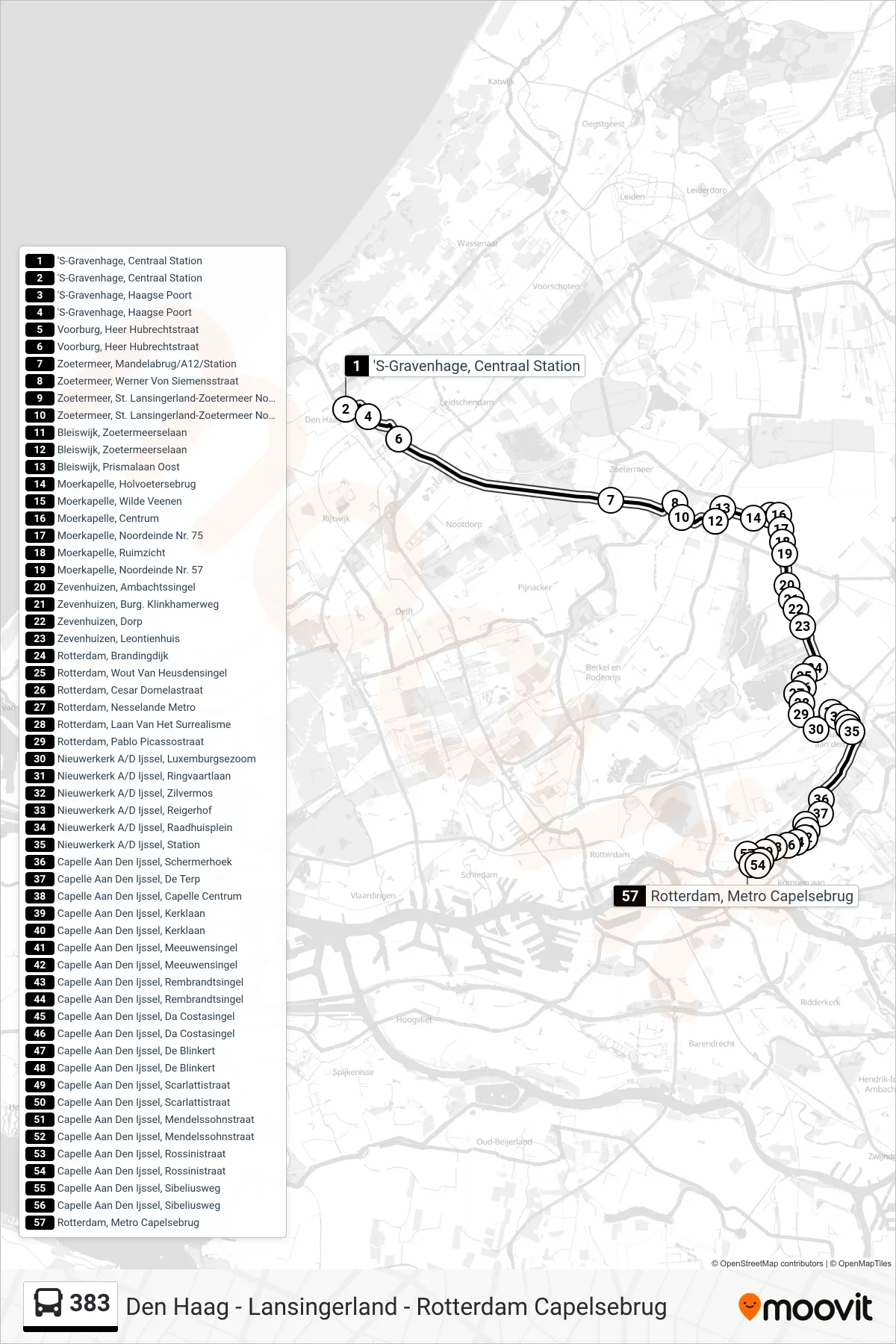 Lijn 383 (bus, Rotterdam): route en haltes op de kaart