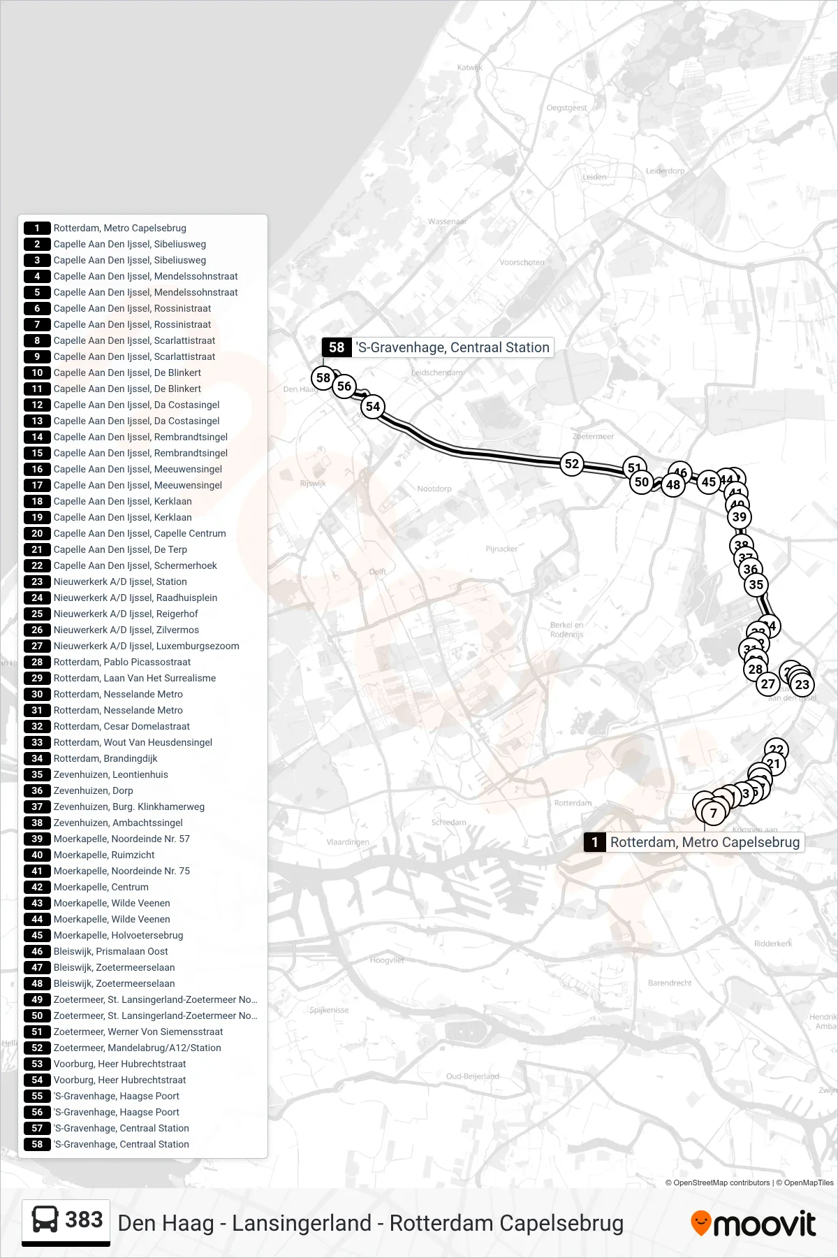 Lijn 383 (bus, Den Haag Cs): route en haltes op de kaart