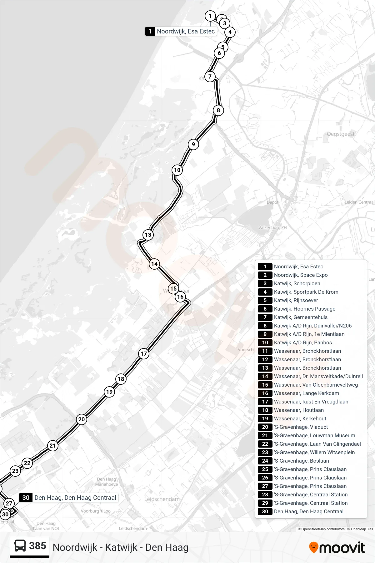 Lijn 385 (bus, Den Haag Cs): route en haltes op de kaart