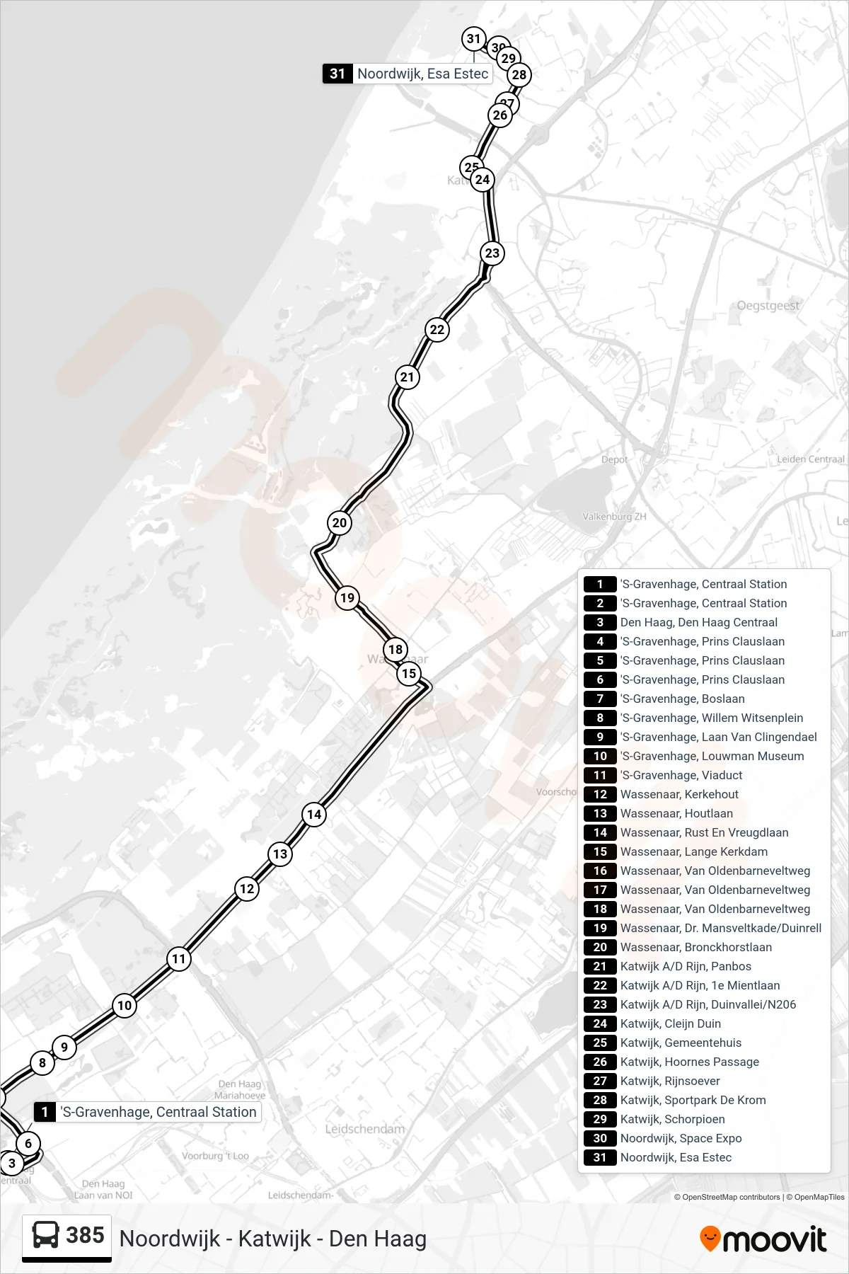 Lijn 385 (bus, Katwijk Esa/Estec): route en haltes op de kaart