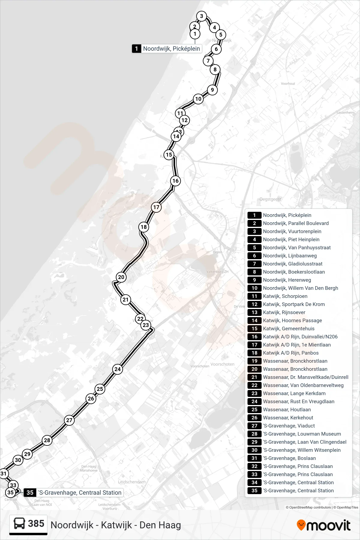 Lijn 385 (bus, Den Haag): route en haltes op de kaart