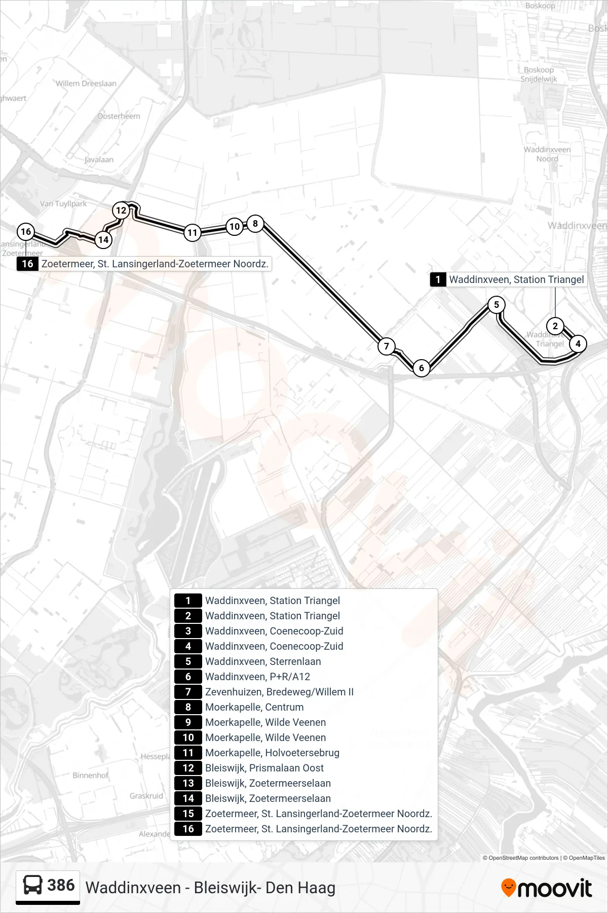 Lijn 386 (bus, Zoetermeer): route en haltes op de kaart
