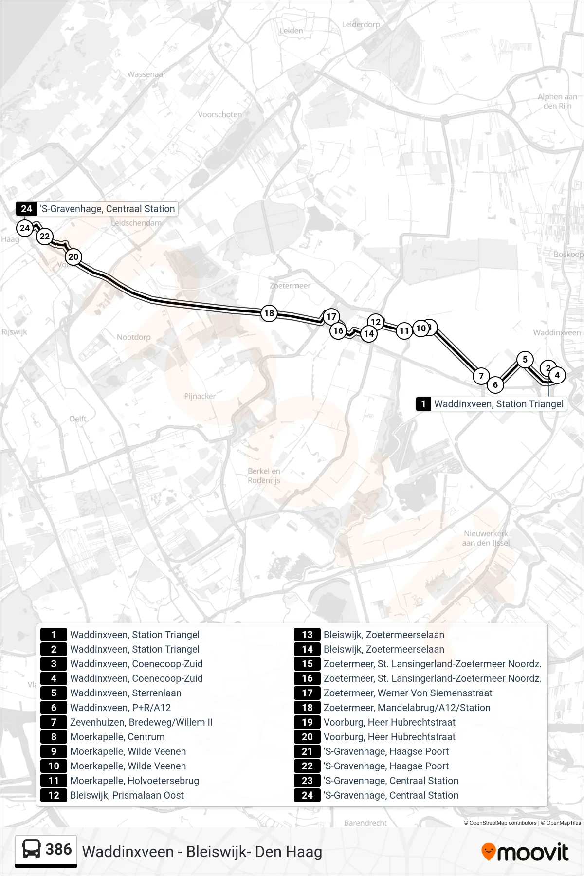 Lijn 386 (bus, Den Haag): route en haltes op de kaart