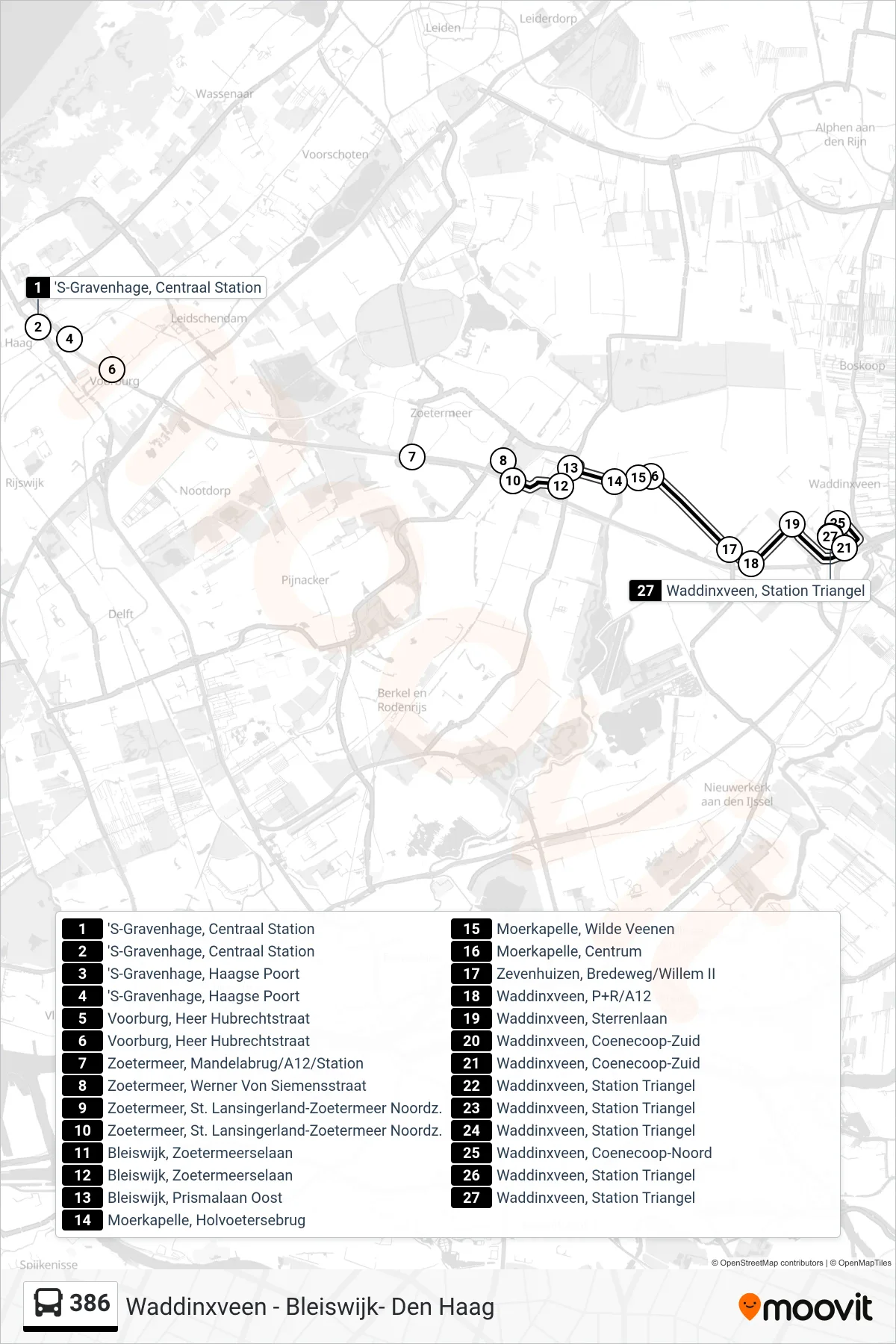 386 bus Line (Waddinxveen) route and stops on a map