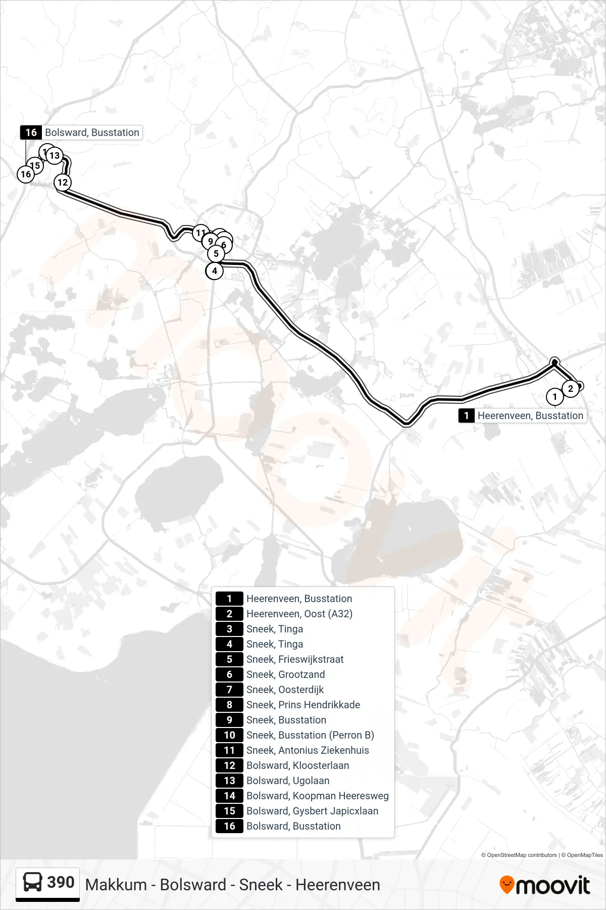 Lijn 390 (bus, Bolsward Sneldienst): route en haltes op de kaart