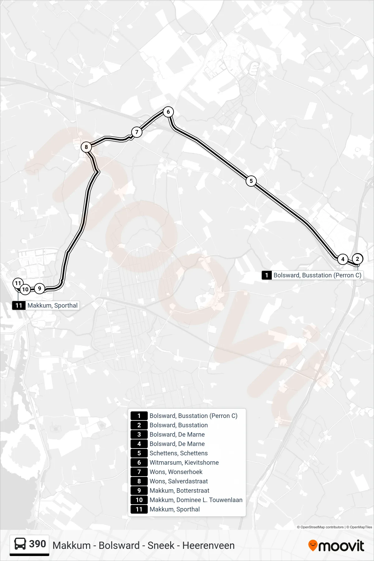 390 bus Line (Makkum) route and stops on a map