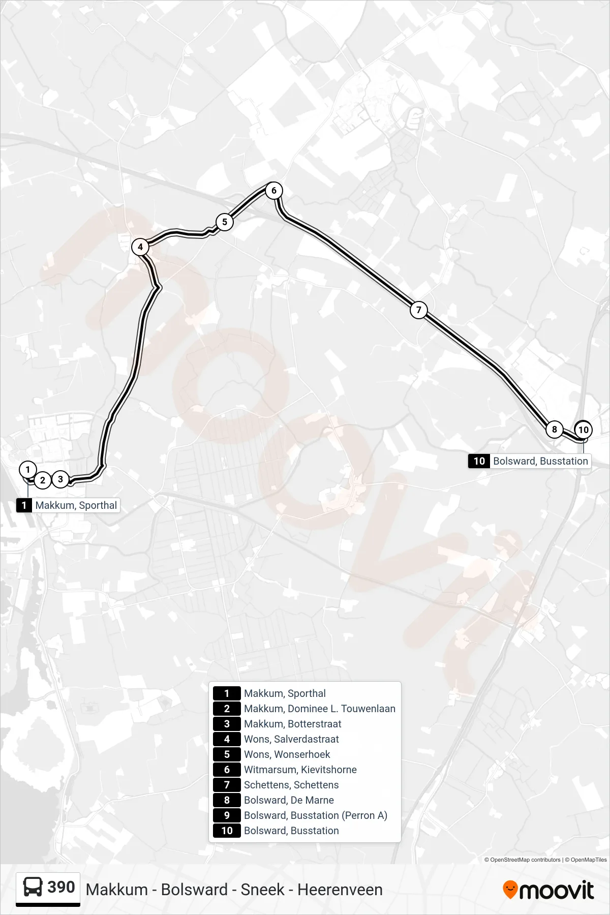 390 bus Line (Bolsward) route and stops on a map