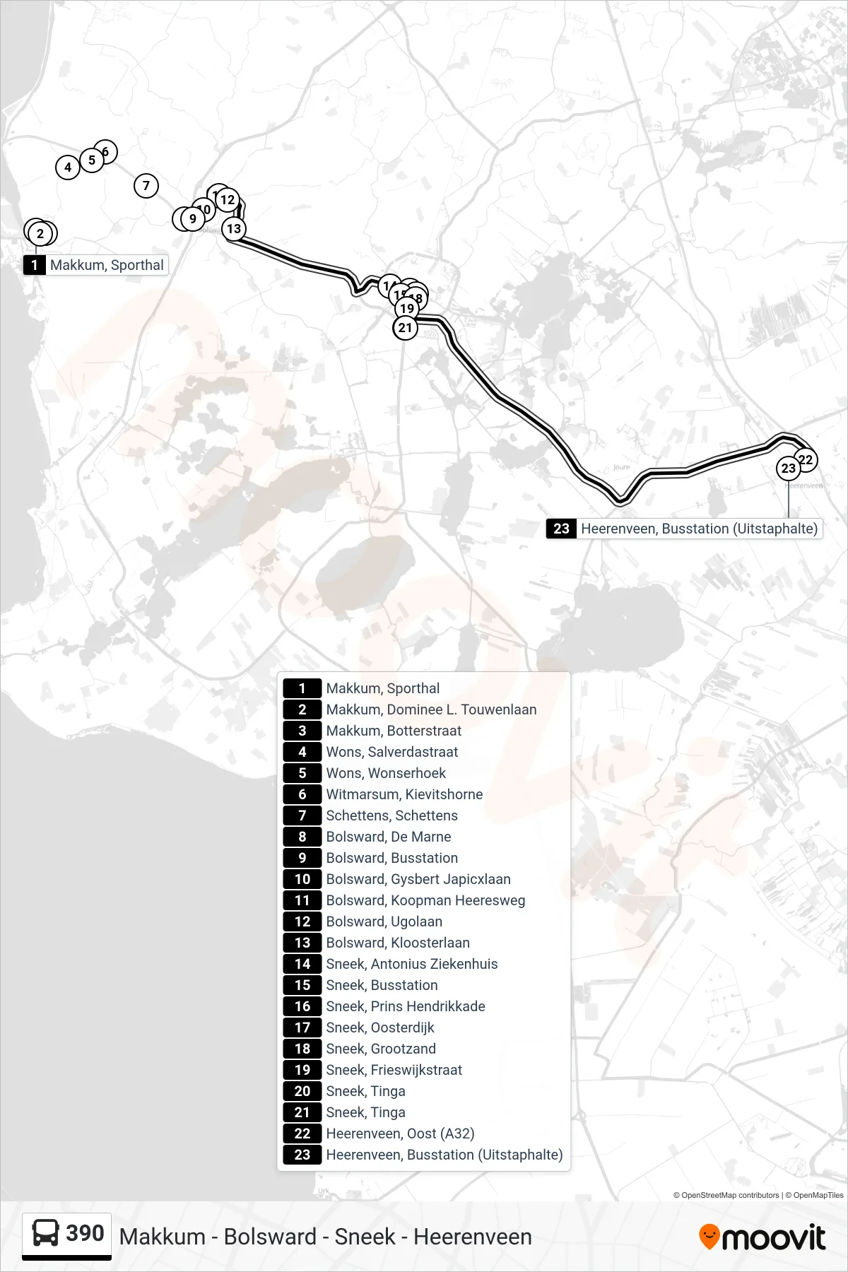 Lijn 390 (bus, Heerenveen): route en haltes op de kaart