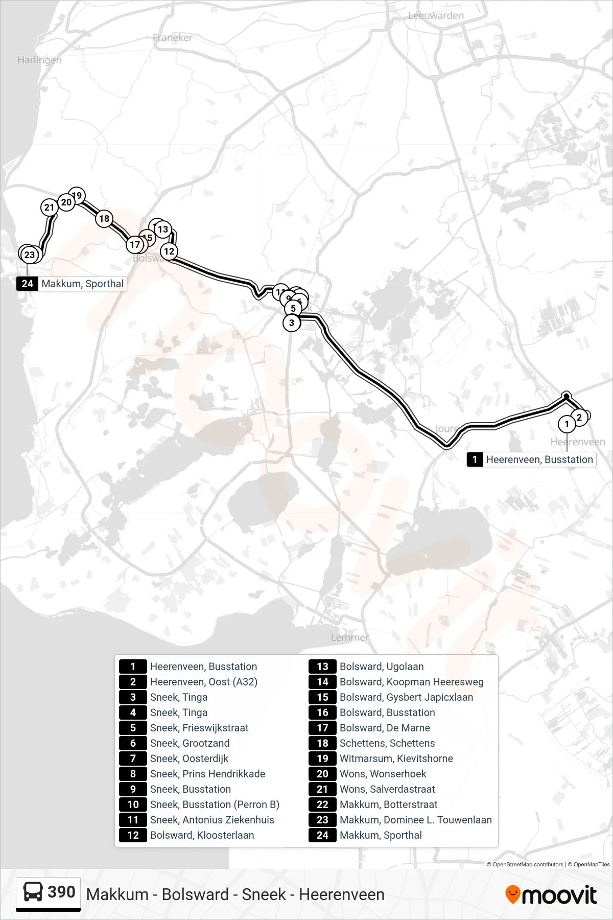 Lijn 390 (bus, Makkum Sneldienst): route en haltes op de kaart
