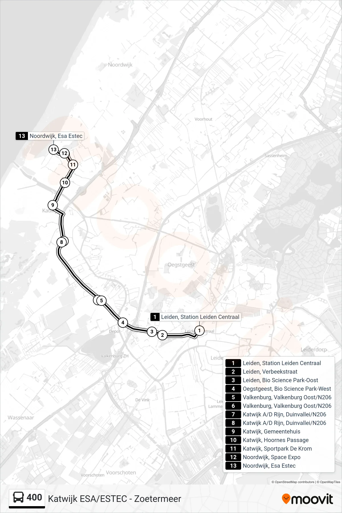 Lijn 400 (bus, Katwijk Esa/Estec): route en haltes op de kaart
