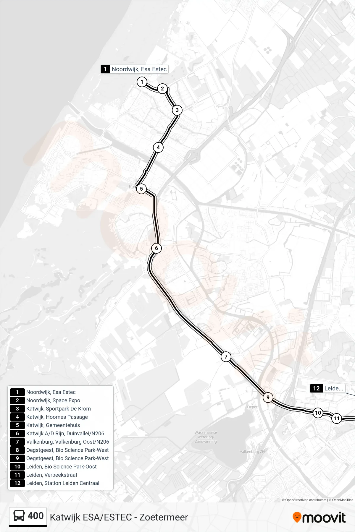 400 bus Line (Leiden Cs) route and stops on a map