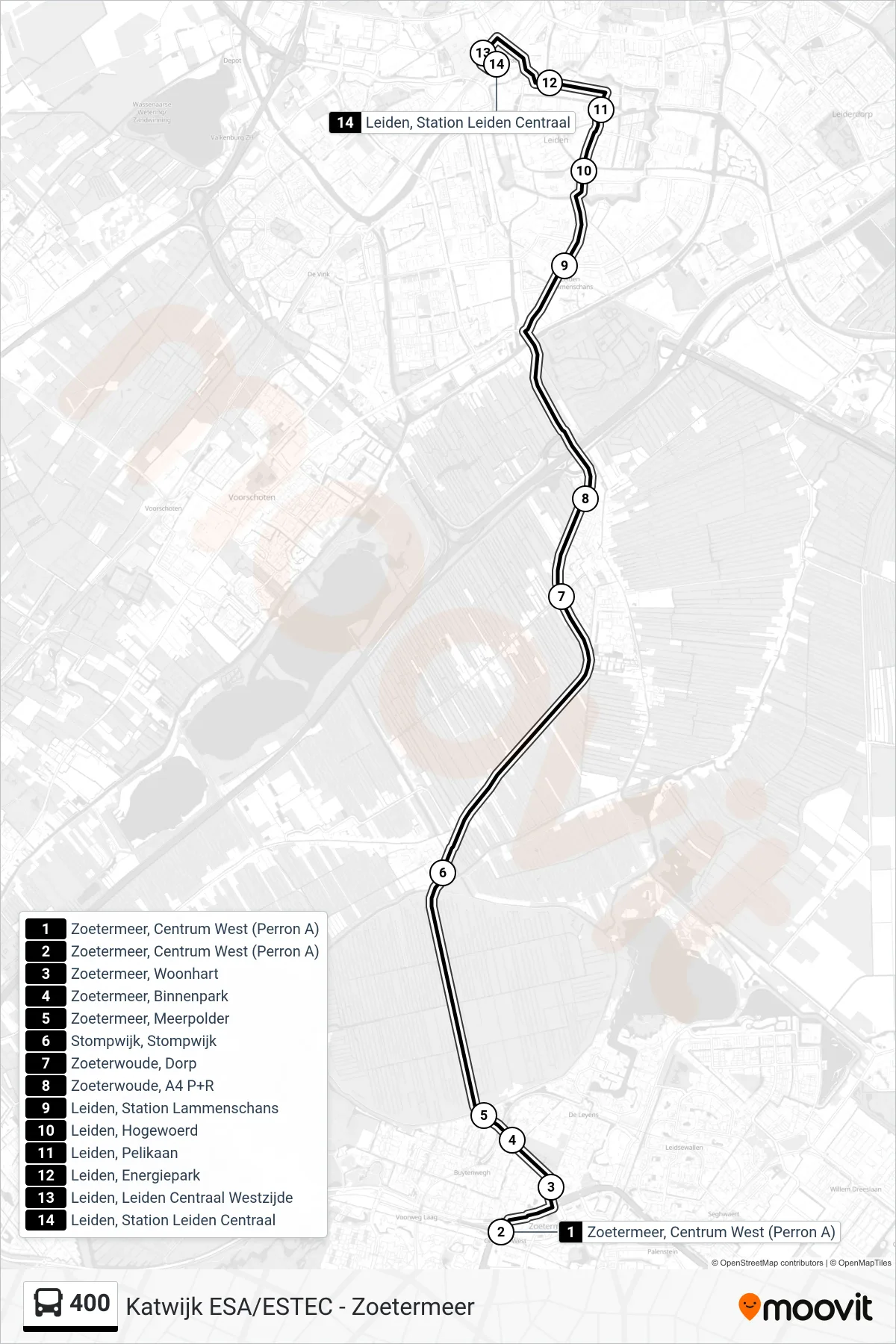 Lijn 400 (bus, Leiden Cs): route en haltes op de kaart