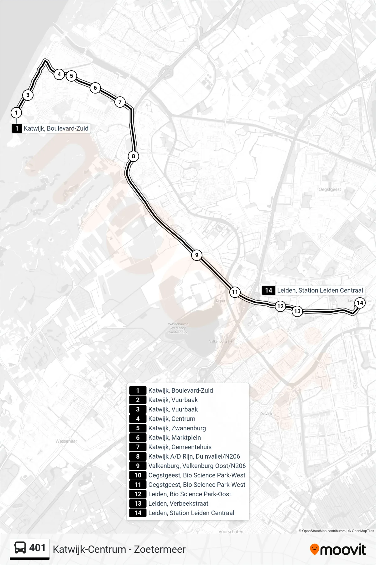 Lijn 401 (bus, Leiden Cs): route en haltes op de kaart