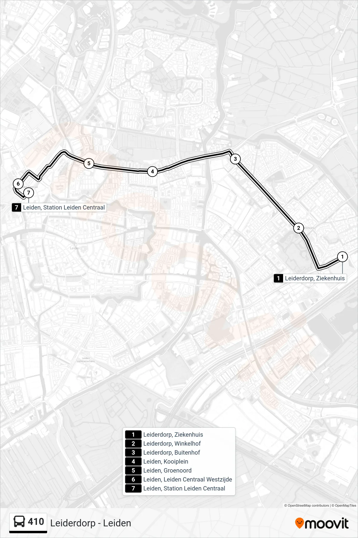 Lijn 410 (bus, Leiden Cs): route en haltes op de kaart