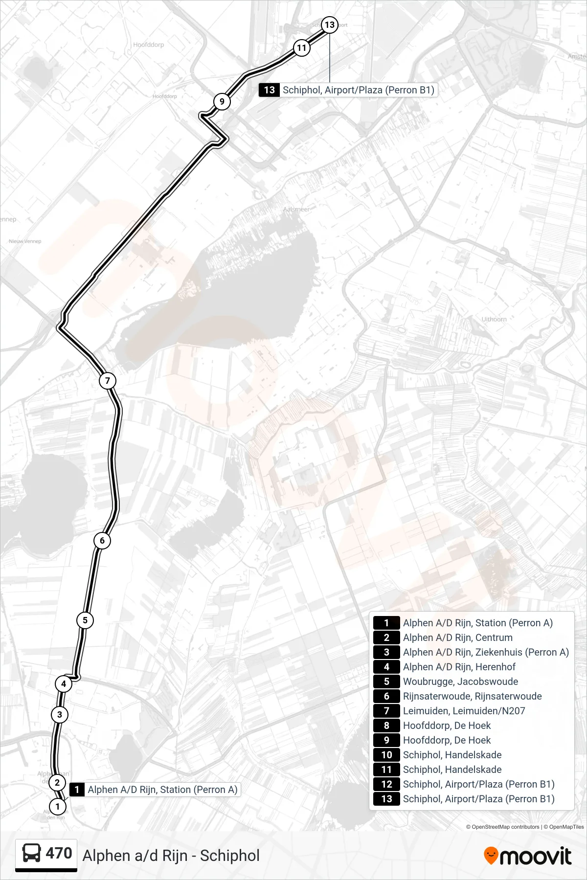 Lijn 470 (bus, Schiphol Airport): route en haltes op de kaart