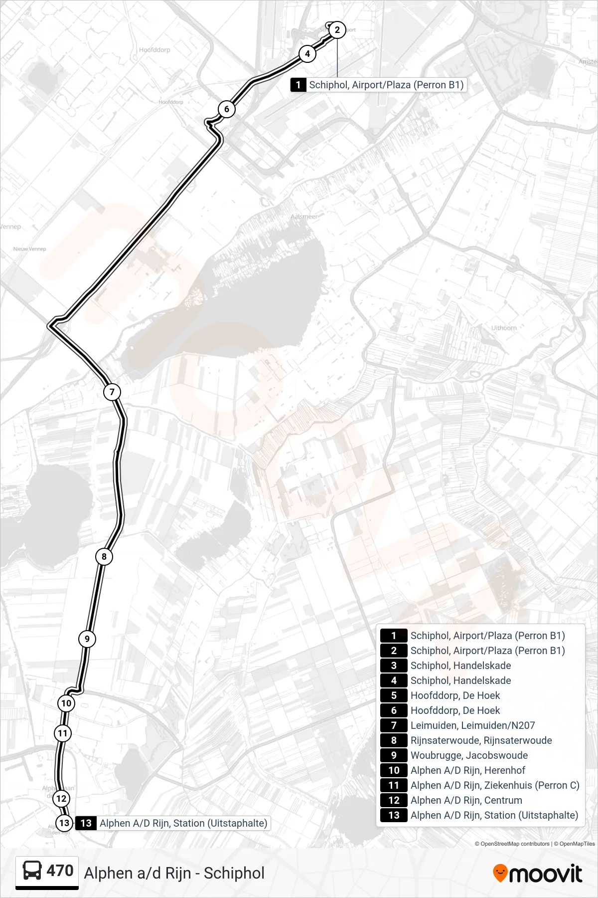 Lijn 470 (bus, Alphen A/D Rijn): route en haltes op de kaart