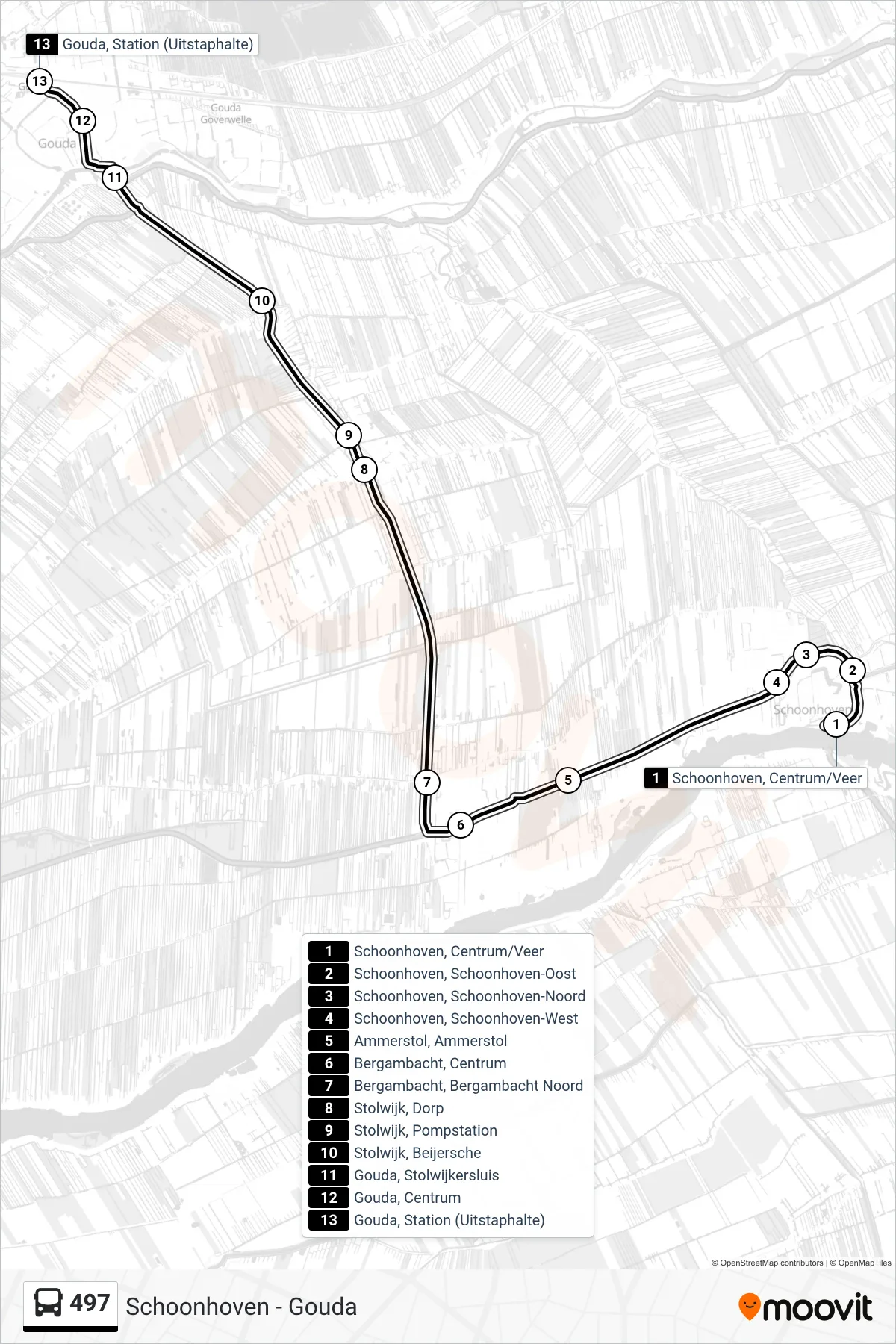 Lijn 497 (bus, Gouda Station): route en haltes op de kaart