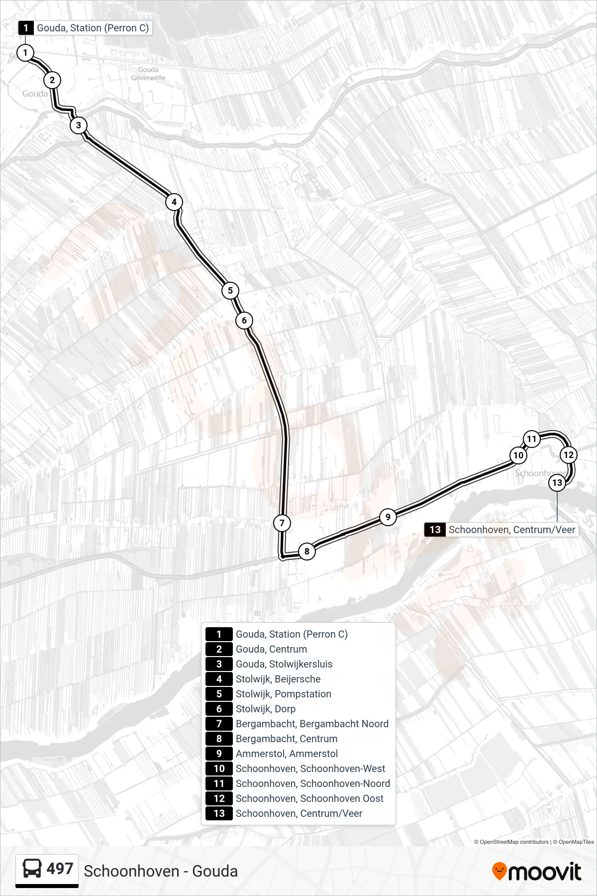 Lijn 497 (bus, Schoonhoven): route en haltes op de kaart