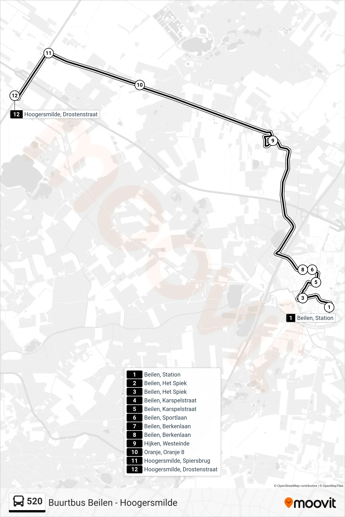 520 bus Line (Hoogersmilde) route and stops on a map