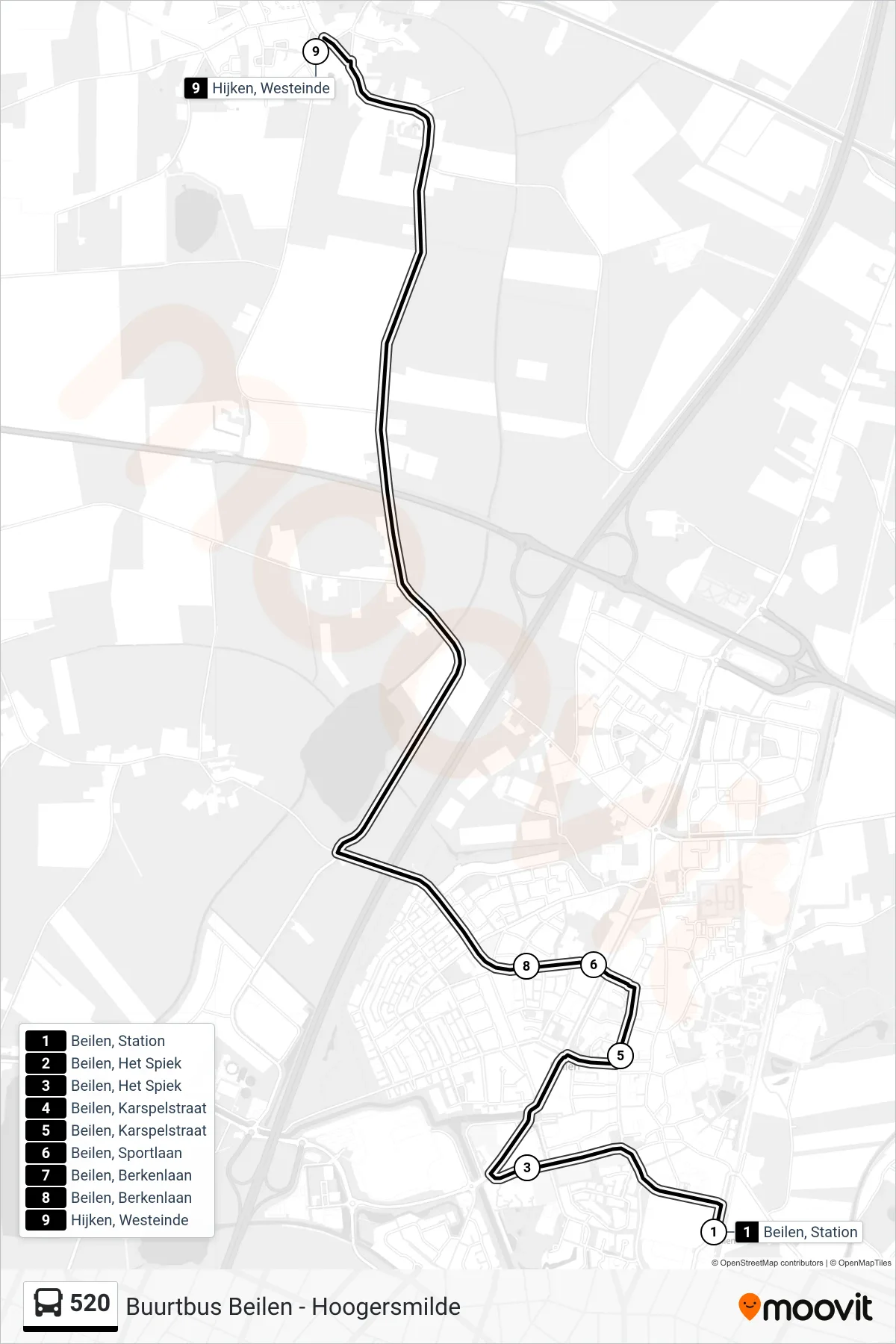 520 bus Line (Hijken) route and stops on a map
