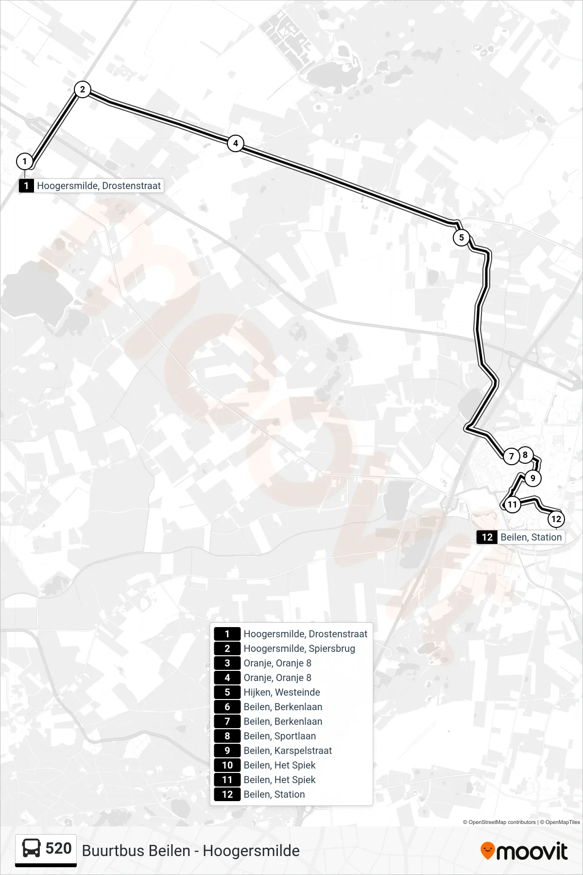 Lijn 520 (bus, Beilen): route en haltes op de kaart