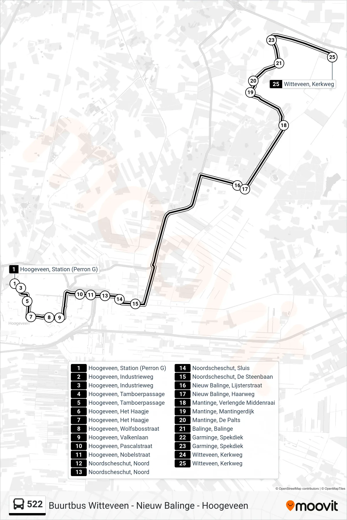 Lijn 522 (bus, Witteveen): route en haltes op de kaart