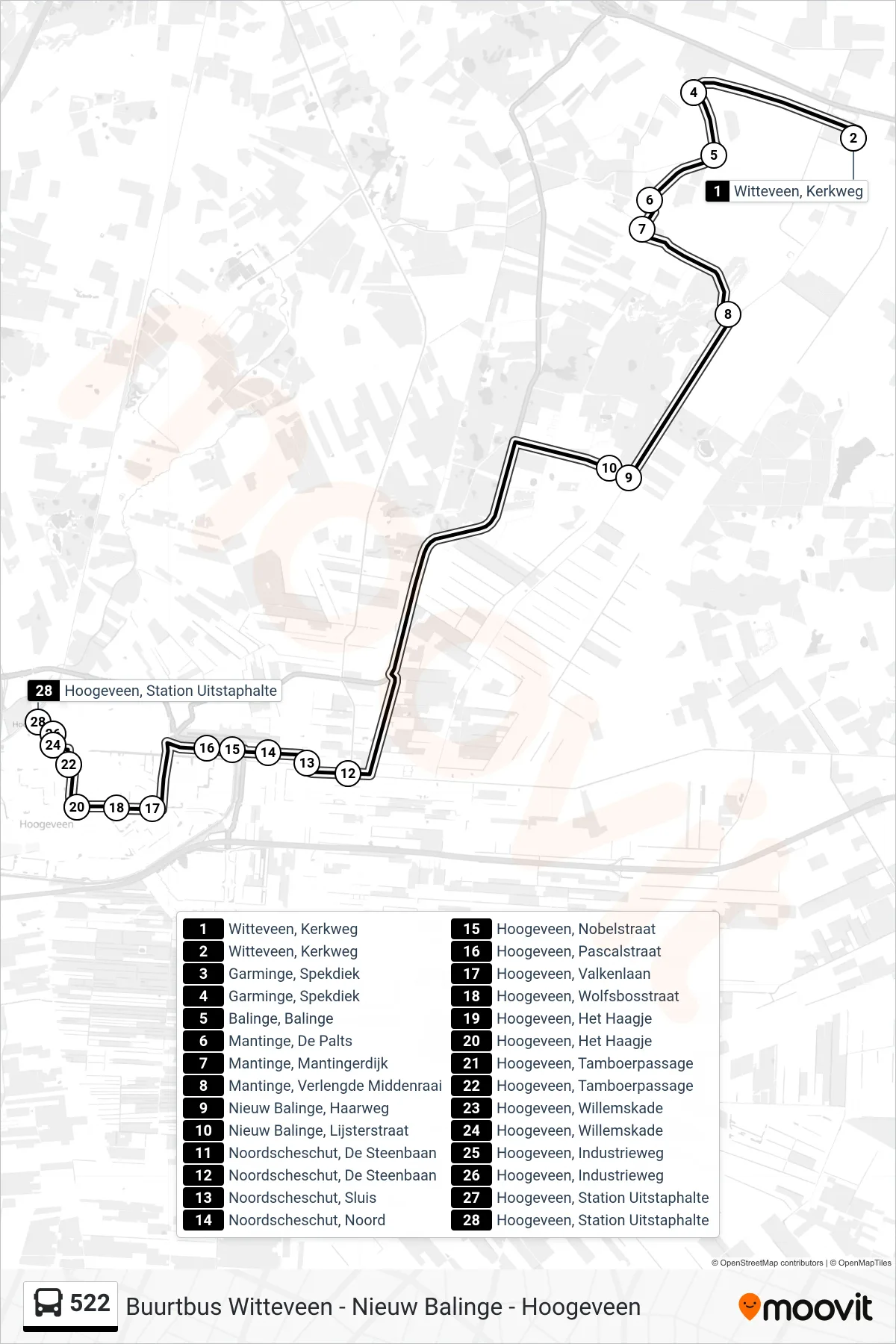 Lijn 522 (bus, Hoogeveen): route en haltes op de kaart