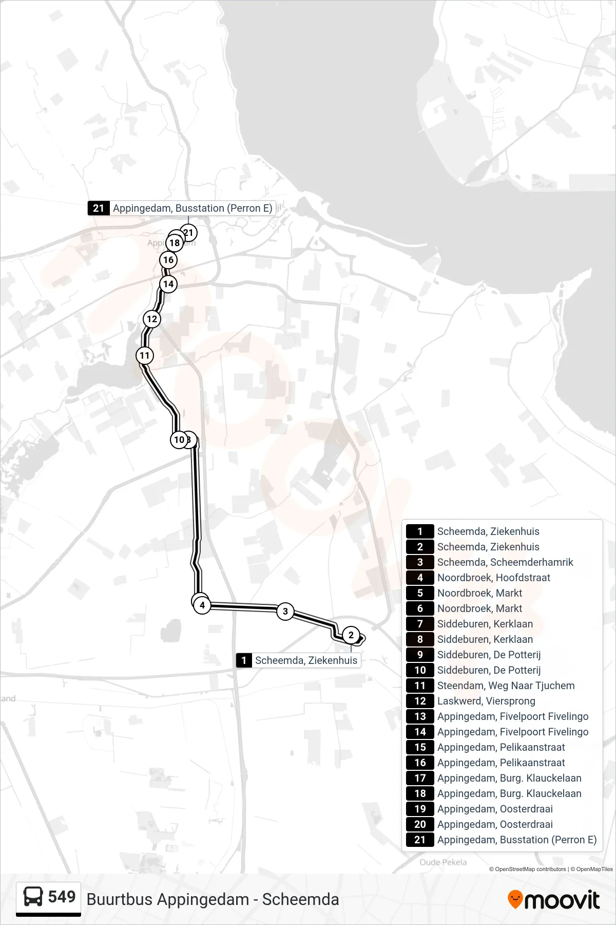 Lijn 549 (bus, Appingedam): route en haltes op de kaart