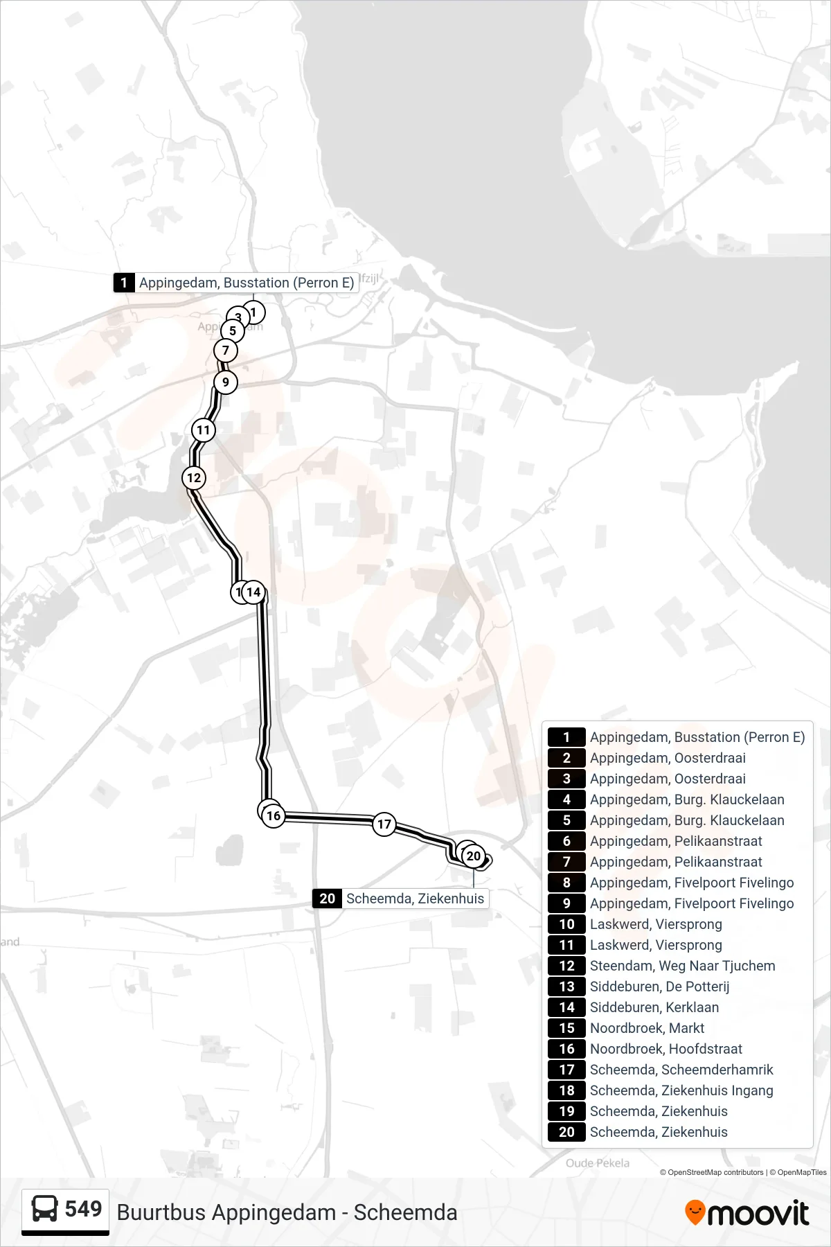 Lijn 549 (bus, Scheemda): route en haltes op de kaart