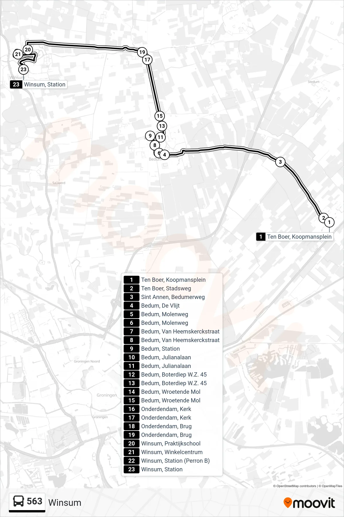 Lijn 563 (bus, Winsum): route en haltes op de kaart