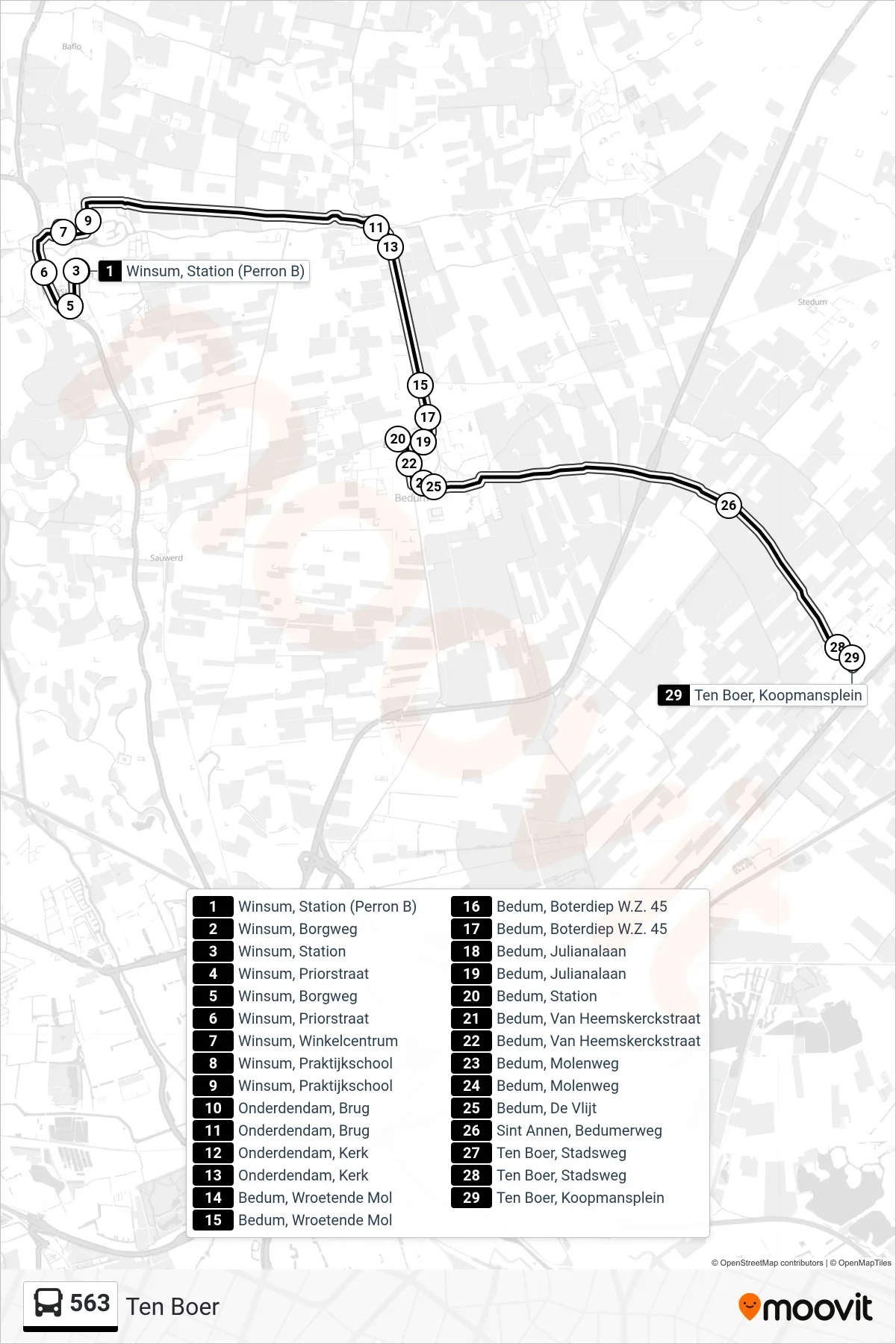 563 bus Line (Ten Boer) route and stops on a map