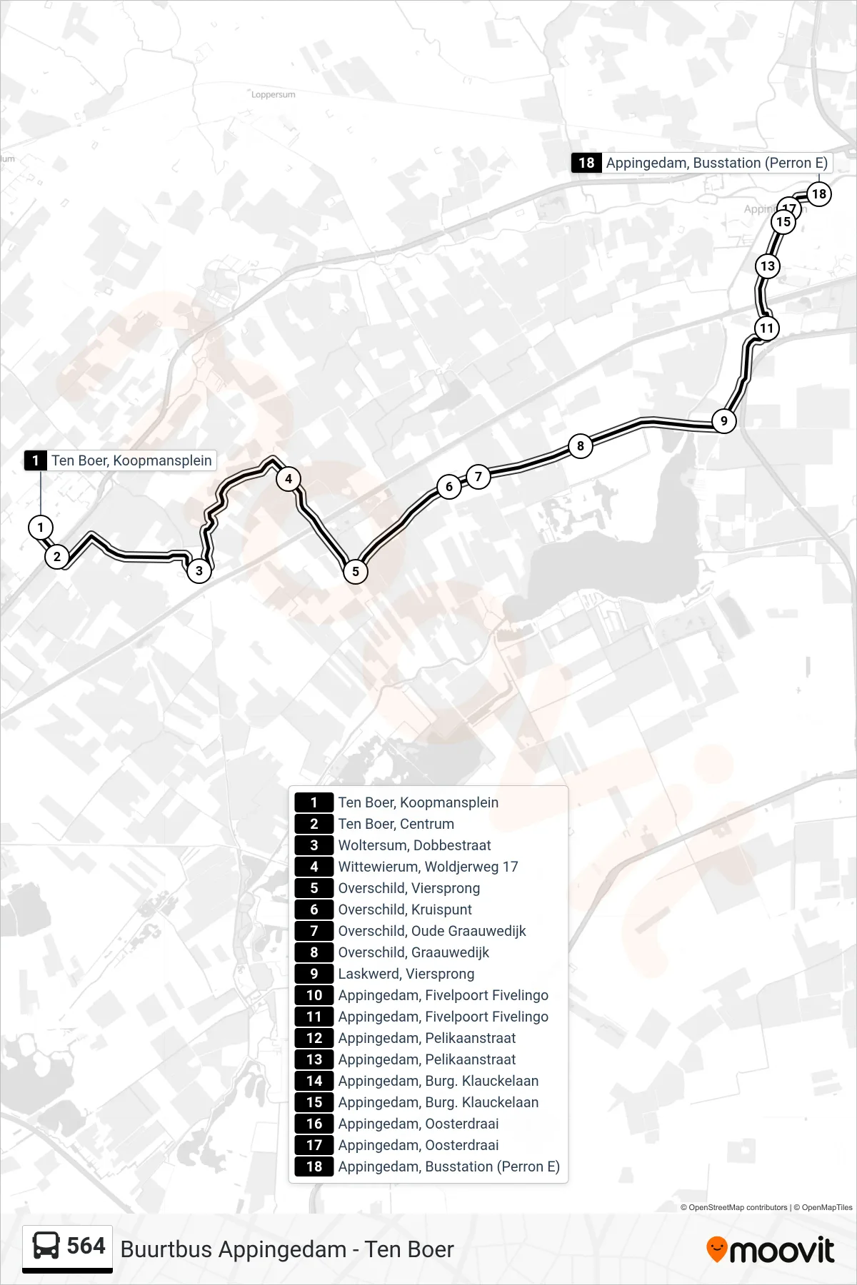 564 bus Line (Appingedam) route and stops on a map