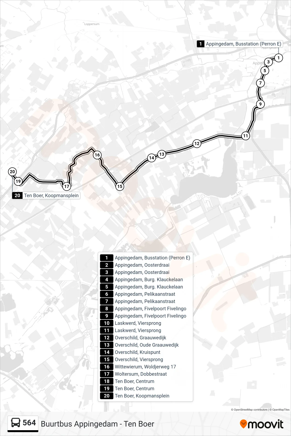 Lijn 564 (bus, Winsum): route en haltes op de kaart